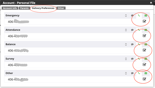 Screen Shot of parent's delivery preferences in Parent Link 